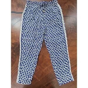 Anthropologie Navy White Scallop Print Embroidered Beaded Pants Size S